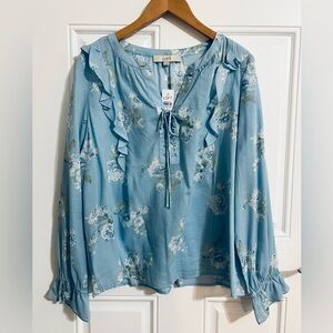 LOFT Light Blue Floral Blouse with Ruffle Accents